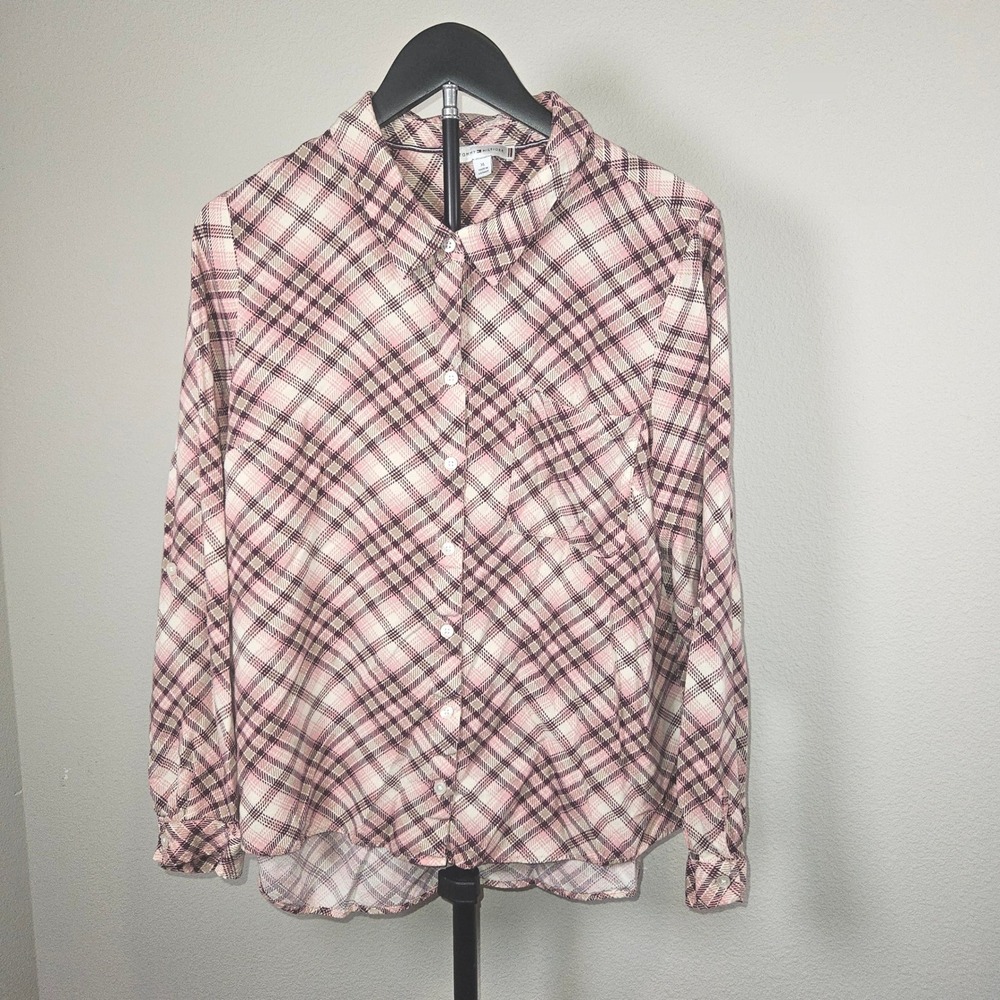 Tommy‎ Hilfiger Button Down Shirt Womens XL Pink Plaid Viscose Preppy Classic